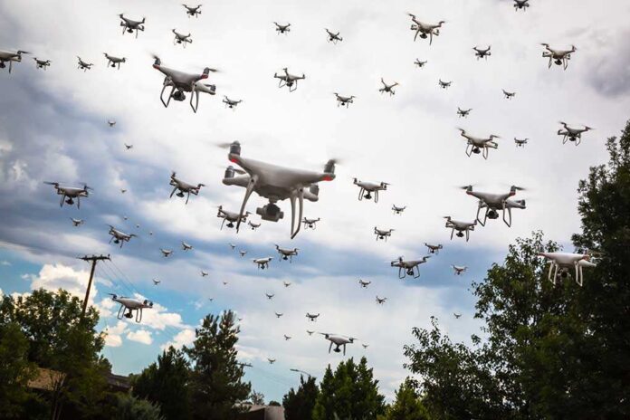 Dozens,Of,Drones,Swarm,In,The,Cloudy,Sky.