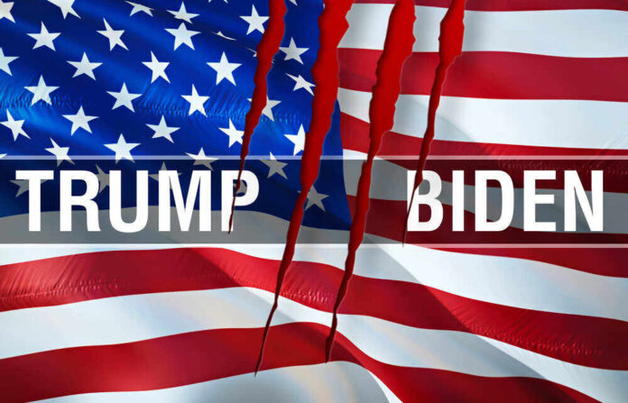 shutterstock_1825292630.jpg featured image Split American flag with words Trump and Biden