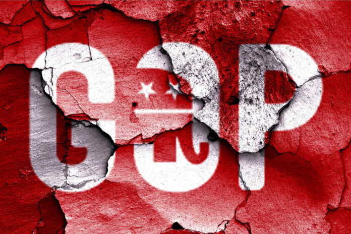 shutterstock_228973474.jpg featured image GOP logo with a cracked red background.