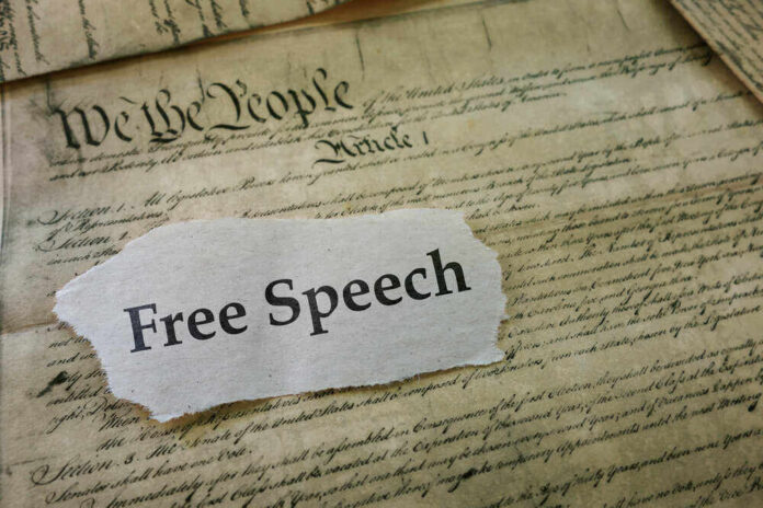 U.S. Constitution with Free Speech text overlay.