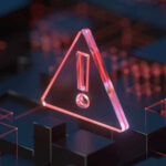 Red warning symbol on a dark digital background