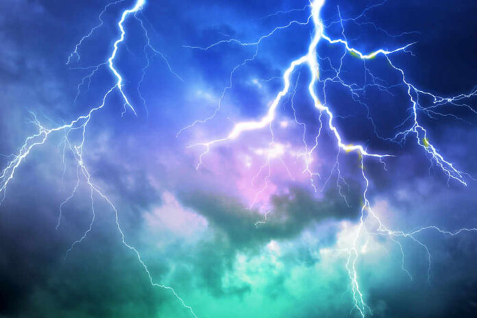 shutterstock1516910042jpg Lightning bolts in a colorful stormy sky