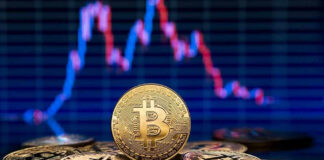 Bitcoin coins with a fluctuating price chart background