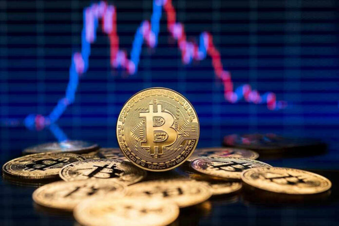 shutterstock_2246342051.jpg Bitcoin coins with a fluctuating price chart background