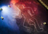 Crime scene chalk outline with numbered evidence markers