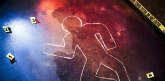 Crime scene chalk outline with numbered evidence markers