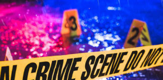 Crime scene tape with blurred evidence markers
