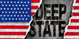 A torn American flag revealing the words DEEP STATE