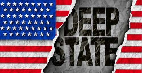 A torn American flag revealing the words DEEP STATE