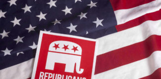 Republican party logo on American flag background