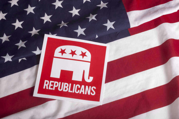 Republican party logo on American flag background