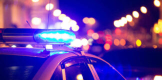 Police car with flashing blue lights at night