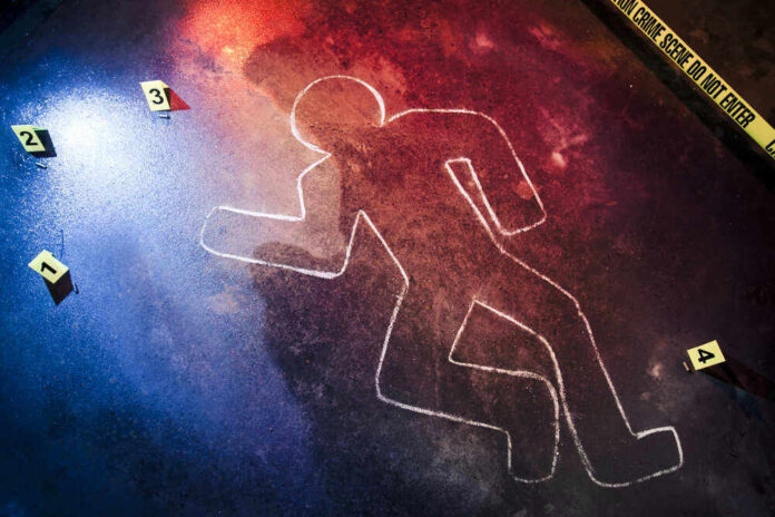 Crime scene chalk outline with numbered evidence markers