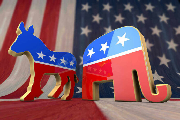 shutterstock_114868483.jpg Donkey and elephant symbols with American flag background