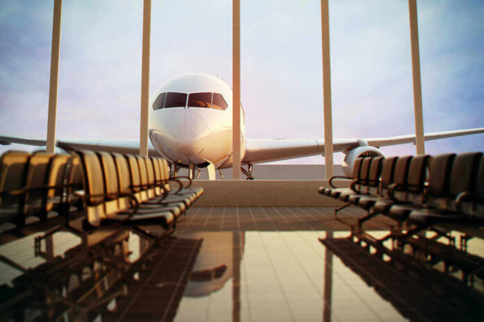 Airplane viewed from an empty airport waiting area.