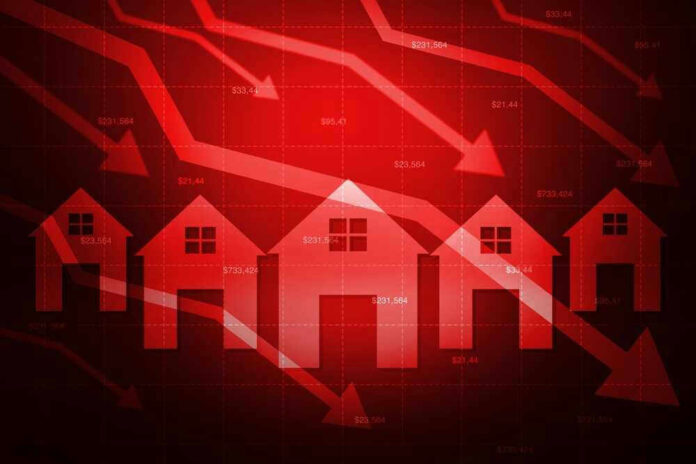 Red graph depicting houses and downward arrows.