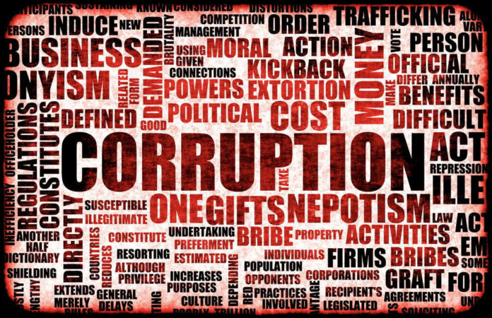 Corruption-related word cloud, highlighting corruption, political, bribery.