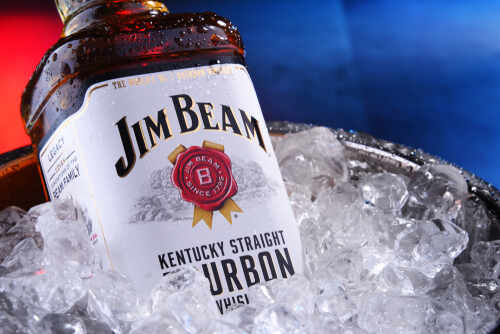 Bottle of Jim Beam bourbon whiskey in an ice bucket