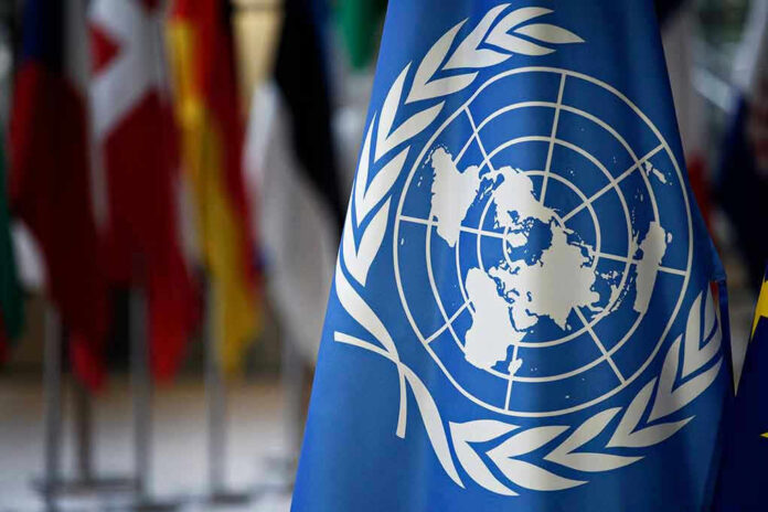 United Nations flag with other flags in background.