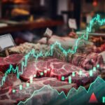 Graph overlay on a meat market display showing stock trends