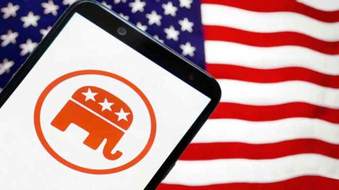 Republican elephant logo on phone, American flag background.