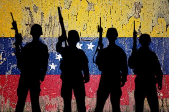 Silhouettes of soldiers in front of the Venezuelan flag