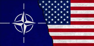 NATO flag on the left and USA flag on the right, with a torn effect in the middle