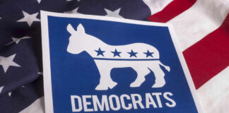 Democratic Party logo on American flag background.