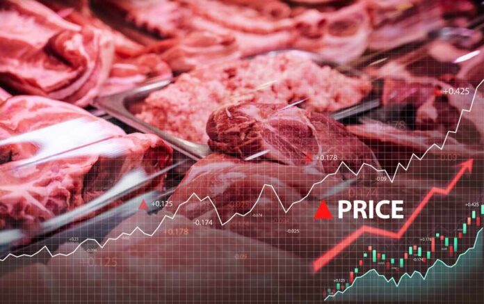 Meat display with price trend graph overlay