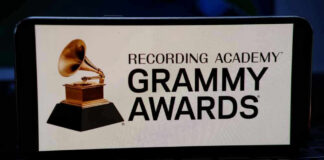 Grammy Awards logo on a smartphone screen.