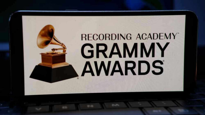 Grammy Awards logo on a smartphone screen.