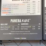 Panera Bread kids menu displaying various food options and their calorie counts