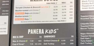 Panera Bread kids menu displaying various food options and their calorie counts