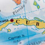 Close-up of a map highlighting Cuba and its capital Havana