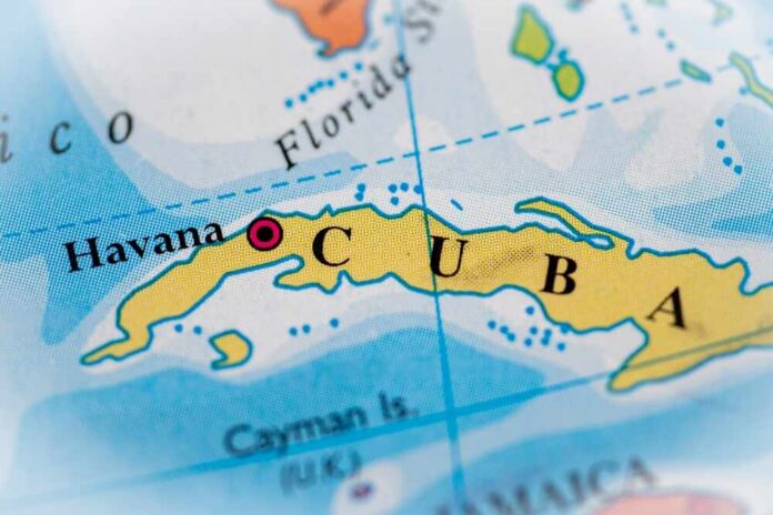 Close-up of a map highlighting Cuba and its capital Havana