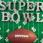 Trump TORCHES Super Bowl Halftime Show A football and the words 'SUPER BOWL' on a green football field background