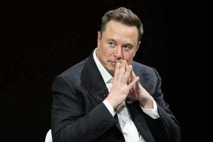 Elon Musk in suit thinking.