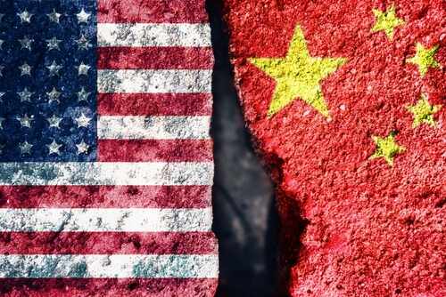 A split image showing the American flag on one side and the Chinese flag on the other