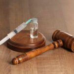 A syringe and a vial placed next to a wooden gavel on a table