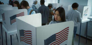 People voting in booths with American flags.