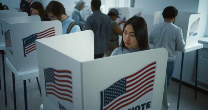 People voting in booths with American flags.