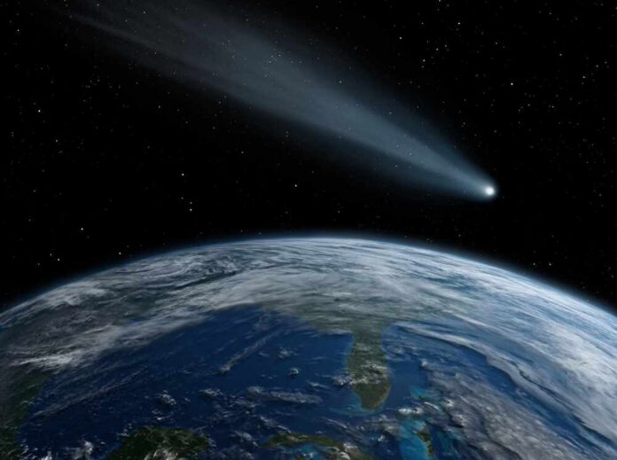A comet streaking through space above Earth