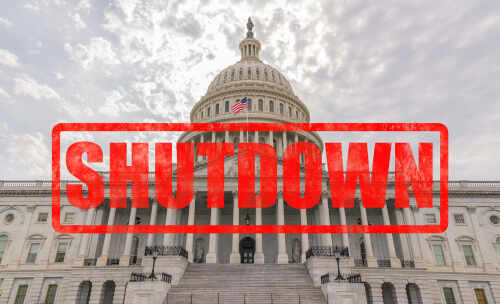U.S. Capitol building with a red 'SHUTDOWN' overlay
