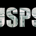 The letters 'USPS' filled with a pattern resembling a building on a black background