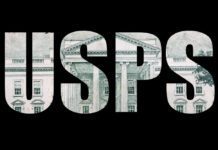 The letters 'USPS' filled with a pattern resembling a building on a black background