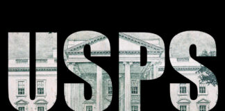 The letters 'USPS' filled with a pattern resembling a building on a black background