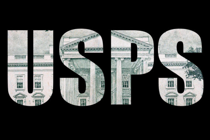 The letters 'USPS' filled with a pattern resembling a building on a black background