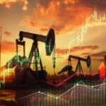 Graphical representation of oil prices with oil pumps at sunset