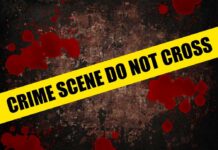 Yellow caution tape reading 'CRIME SCENE DO NOT CROSS' over a dark, blood-splattered background