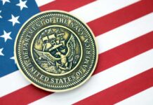 Navy Department seal on an American flag background